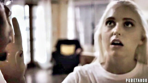 Shocked blonde teen stares surprised at older man approaching her in taboo encounter
