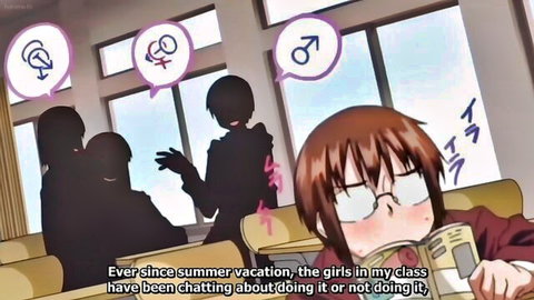 Anime schoolgirls in classroom chatting about sex, one with aroused blush
