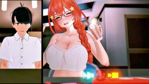 3D anime redhead with braids, glasses, and massive tits in white bra holds drink smiling
