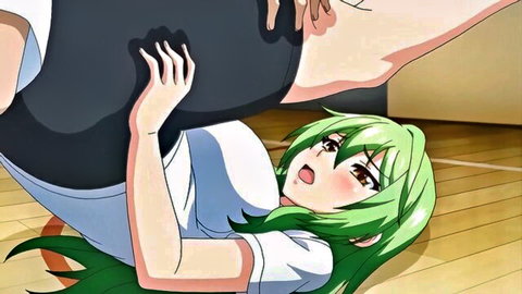 Green-haired anime teacher in school uniform gets pounded in mating press position
