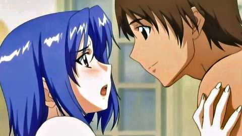 Blue-haired anime girl in white outfit surprised by shirtless lover in intimate close-up from Lover in Law Ep.2