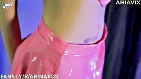 Sexy teen in shiny pink latex skirt with baby girl tattoo, teasing POV