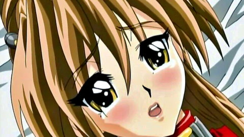 Anime hentai girl with long brown ponytail, teary eyes, blushing surprised face