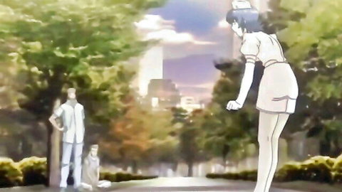 Anime nurse in pink uniform bending over in park with man, Night Shift Nurses ep 5