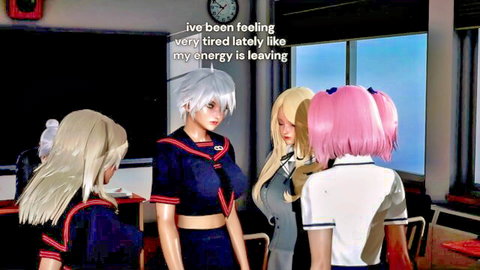 Busty anime schoolgirls in tight uniforms chatting in classroom with big tits visible