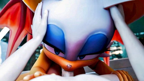 POV gloved hands grabbing Rouge the Bat's head pushing her mouth onto orange cock