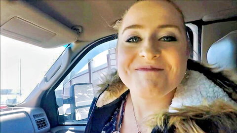 LittleOralAndie blonde smiling nervously in car for public cum walk video