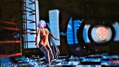 Hatsune Miku nude lesbian hentai pose in cyber city, turquoise hair anime girl