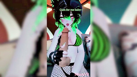 Hentai green-haired girl in bikini holds dildo, JOI cum on me instruction