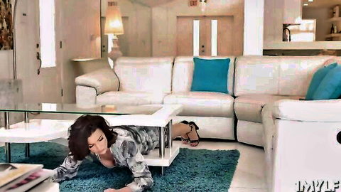 Brunette MILF stuck under table, ass up in provocative pose for doggy style