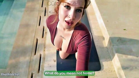 Comatozze big tit redhead MILF in revealing maroon dress, surprised outdoor pose