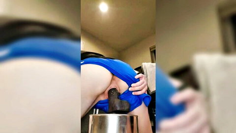 My_Unicorn rides black dildo with gripping lips in blue dress