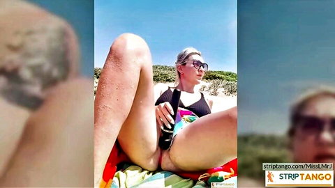 MissLMrJ blonde in bikini flashes shaved pussy on beach