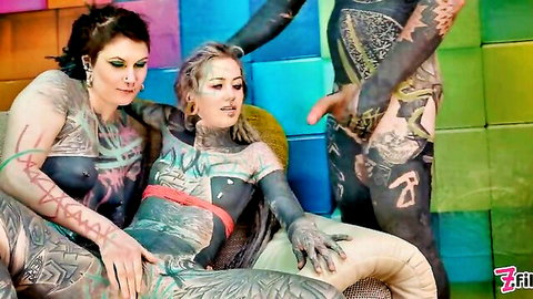 Tattooed lesbians Anuskatzz & Lily Lu in hardcore anal threesome with Nikolaz Zpageti