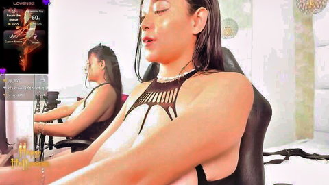 Busty Asian webcam babe Hana Bunny exposes huge tits in sexy black harness solo tease