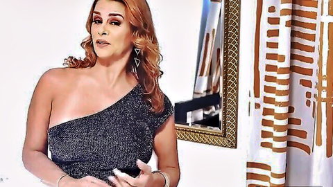 Juliett Russo Latina MILF in sparkly one-shoulder dress teasing curves