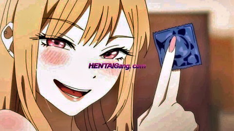 Blonde anime sister blushing and holding condom in hentai tease