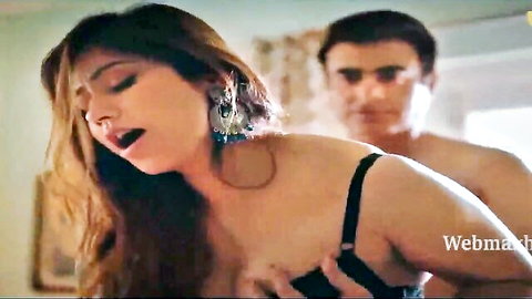 Passionate Desi woman in black bra embraced by shirtless man