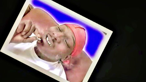 Ebony cutie in pink durag smiles with thick cum dripping on her tongue after blowjob