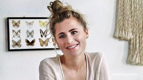 Smiling blonde woman in casual blouse, preview for hot lesbian threesome