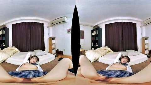 Alluring Japanese teen seductress in VR school uniform exposure