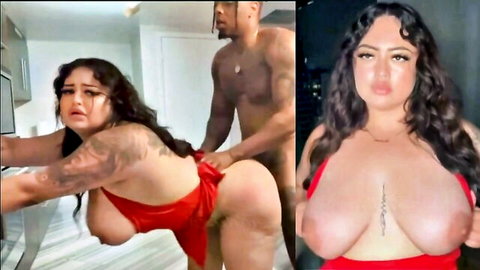 Curvy Latina MILF in red lingerie bent over for black stud doggy tease