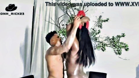 Ebony couple in intense standing lift sex, she came to help and needed a plow