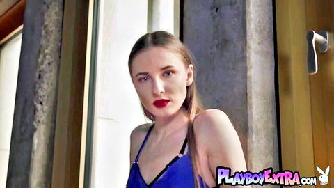Petite Russian teen Stella posing in blue lingerie