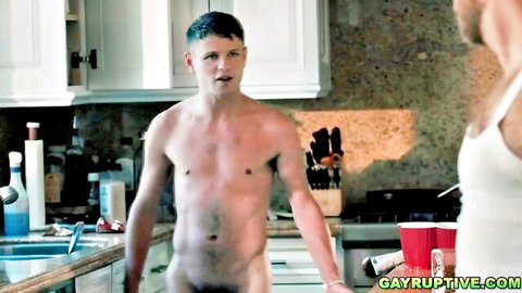 Naked muscular stepson in kitchen with stepdad