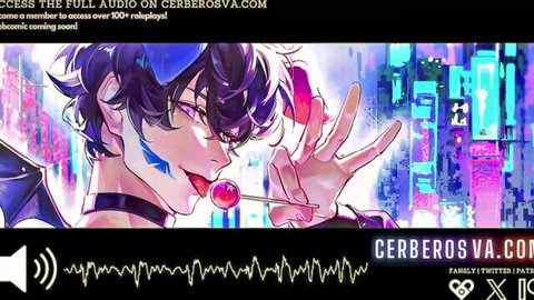 Seductive anime young man with cat ears licks lollipop teasingly in neon cyberpunk city