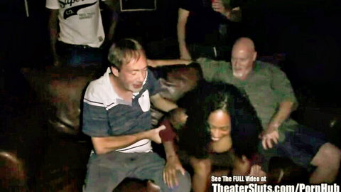 Ebony big tit teen groped by men in theater gangbang scene