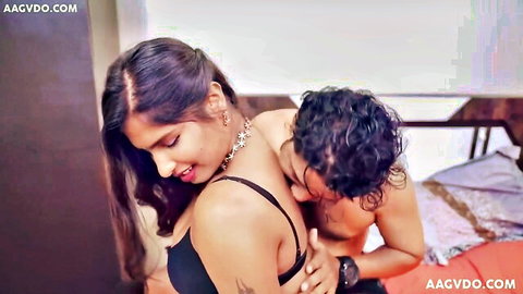Tejashwini in black bra, passionate neck kiss from lover on bed