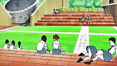 Anime schoolgirls in short skirts lounging suggestively on outdoor steps