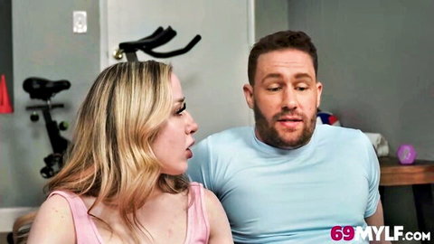 Blonde cougar in pink tank top teases fit man in tantric yoga scene