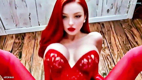 Jessica Rabbit in red lace corset, seductive spread pose, big tits cosplay