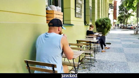 Muscular man and redhead stranger at cafe, teasing rough raw trans encounter