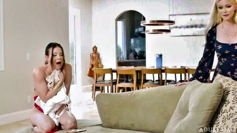 Alison Rey topless kneeling surprised in hot lesbian lingerie action