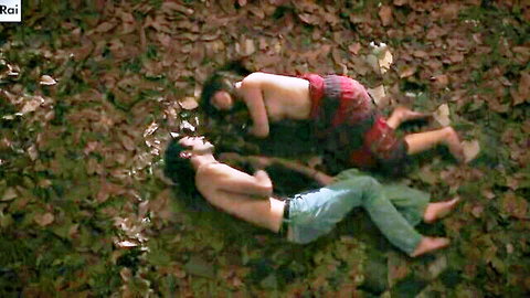 Isabella Ragonese topless embracing shirtless lover on forest floor