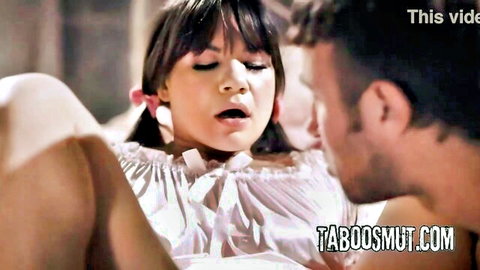 Pigtail brunette babe in white lingerie gives intense blowjob to boyfriend's cock