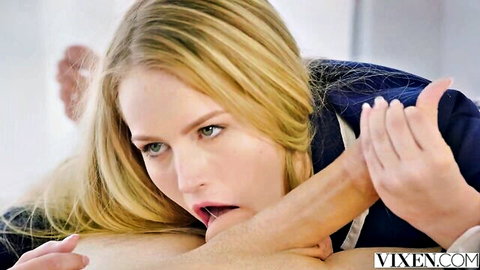 Scarlett Sage blonde babe giving intense blowjob in miniskirt