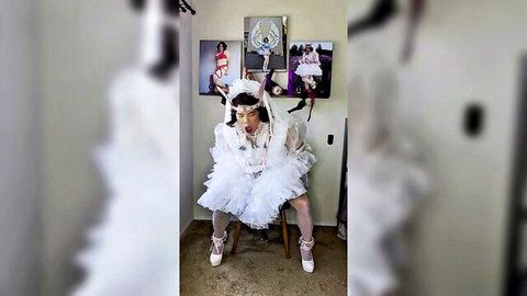 Sissy Candy Sparkle in white pony bride tutu and stockings, solo play