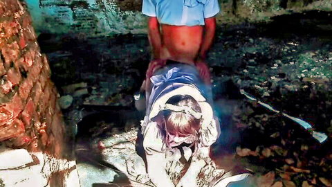 Blonde woman in white dress fucked doggy style by man in blue shirt outdoors