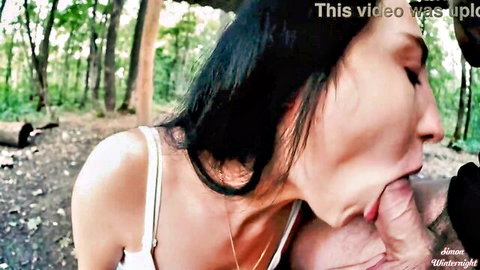 Brunette gives messy outdoor blowjob sucking thick uncut cock in forest POV