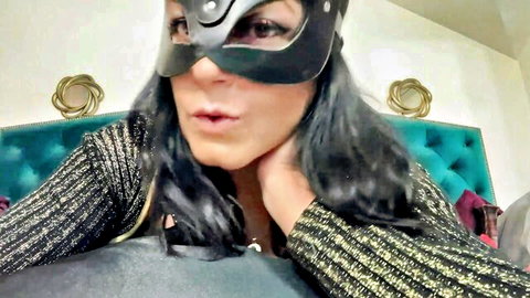 MilfyCalla in seductive black cat mask, shiny top, dark hair tease