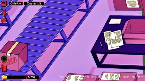 Animated purple conveyor belt carrying brown box past desk with papers in factory scene