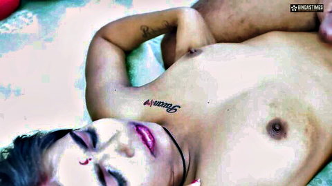 Desi transgender woman with tattoos lies naked, ready for first anal and facial