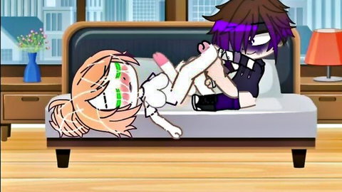 Blonde anime girl spreads legs wide as purple-haired guy gropes her panties on bed