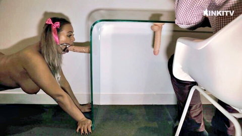 Blonde nude pet girl gagged under desk in office kink scene