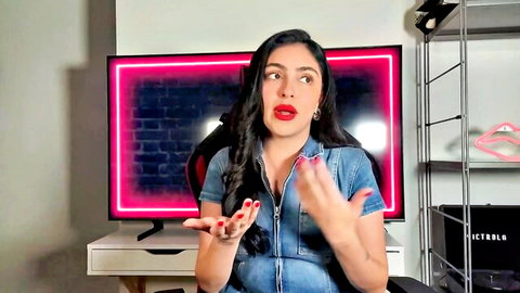 Latina woman in denim top discusses penis types and best sex positions