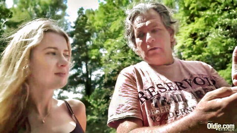 Adriana Sweet Blonde with older man in outdoor tease, Oldje